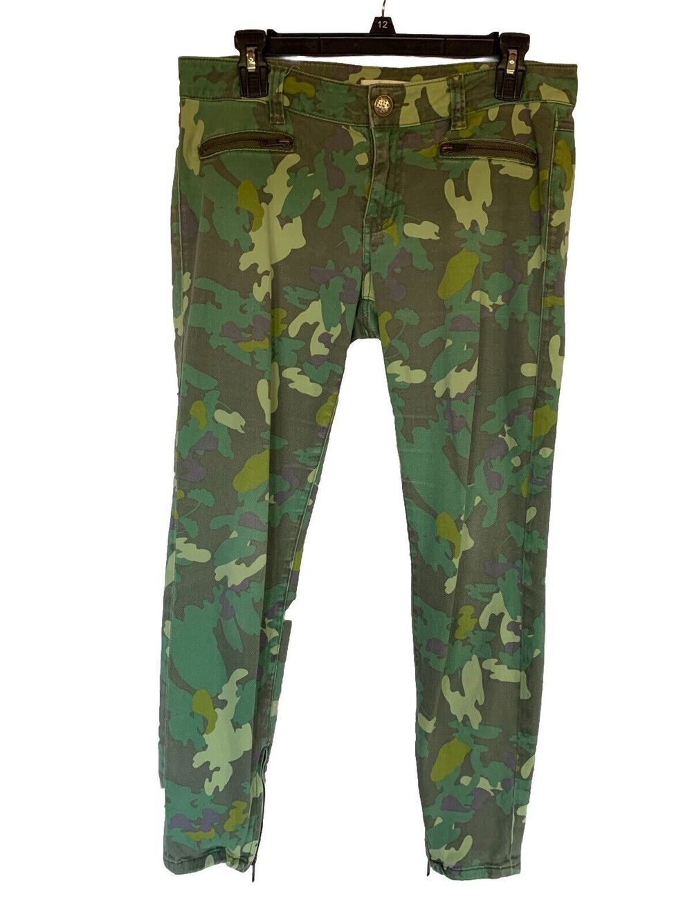 CAbi Camo Jeans Sz 6 Khaki Skinny Zipper Ankles 8” Rise Camouflage Gorpcore